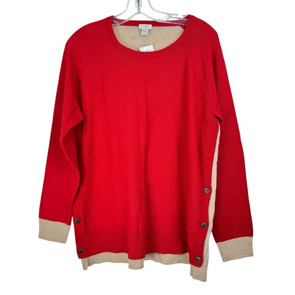 J.Crew Sweater Womens SZ L Bright Red Orange Color Block Wool Side Button Preppy - Picture 2 of 12